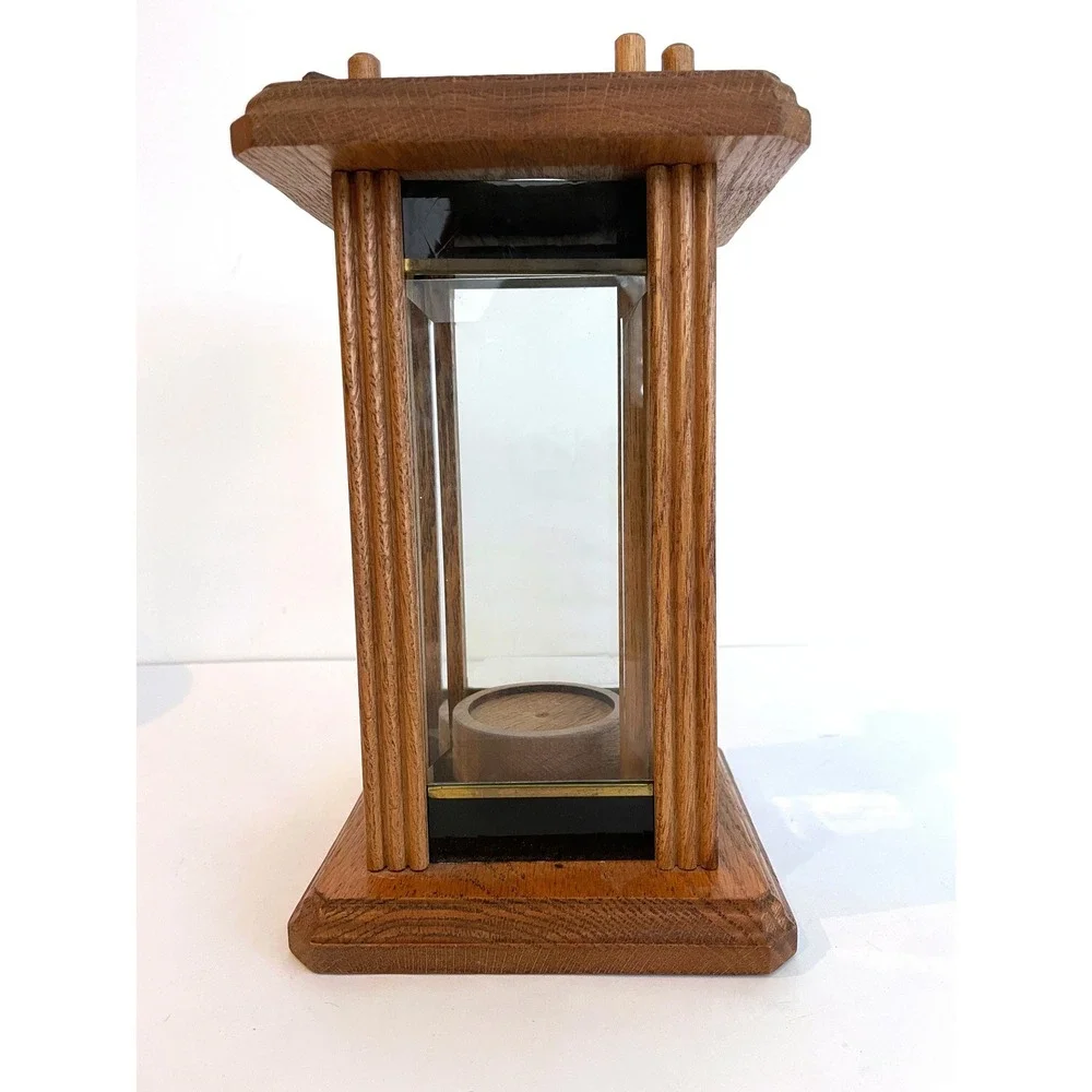 Vintage 80s Oak Wood Etched Glass Bird Lantern Tea Light Candle Holder Handmade